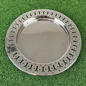 Vintage Silver Tone Metal Charger Plate Tray Cutout Geometric Rim Retro Decor